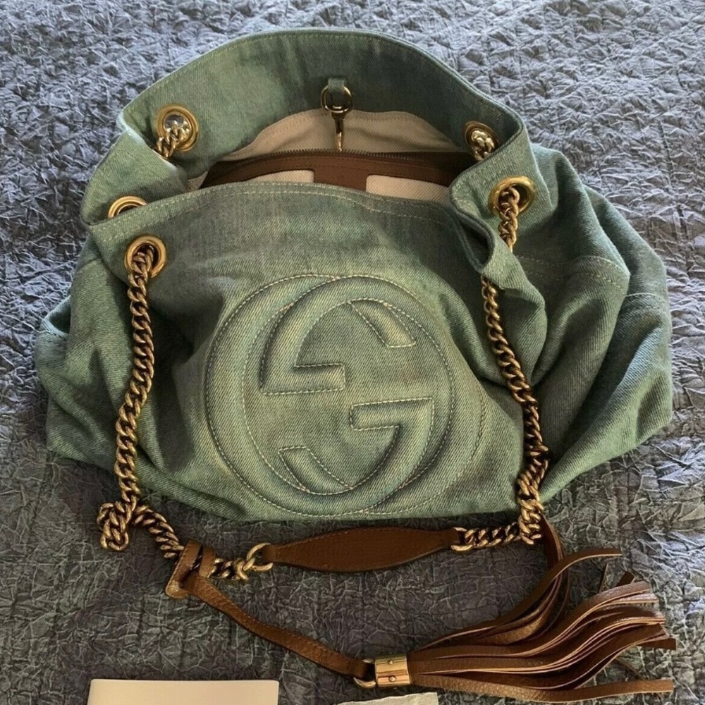 GUCCI Soho Medium Chain Denim Blue Jean Bag